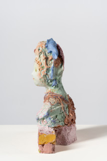Linda Marrinon Woman with coral necklace, 2025; tinted and painted plaster, hessian and terracotta; 36 x 27 x 13 cm; enquire