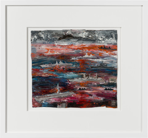 Fiona Hall pure blood sport, 2019; oil paint on aluminium drink cans; 54 x 58 cm; enquire