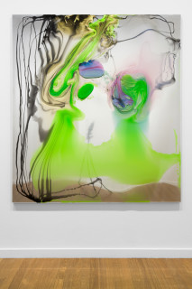 installation view; Dale Frank His isolating yet increasingly ever more complex dawn fantasies where in fact his barometer check in on reality, to form up his constant thoughts throughout the day, enough to wander and wonder in his glass like life reflecting only his constant misunderstandings, 2025; colour powder pigments in Epoxyglass, Epoxyglass, on perspex; 200 x 180 cm; enquire