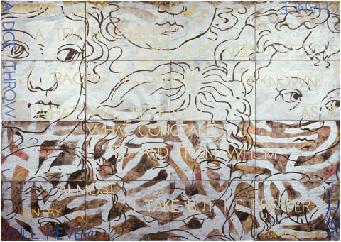 Imants Tillers Nature Speaks: AU , 2008; acrylic, gouache on 16 canvasboards nos. 81284 - 81299; 101.6 x 142.2 cm; enquire