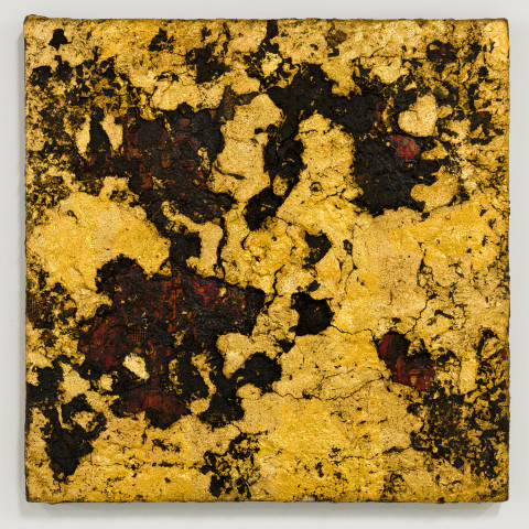 Kirtika Kain gold small, 2025; gold leaf, synthetic mesh,
pigment, acrylic paint and wax; 39 x 39 cm; more info; enquire