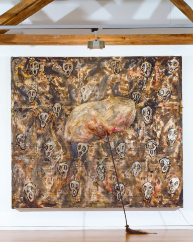 Ken Unsworth Evensong, 1994; burnt paper on canvas, expanded foam, wood, hair; 227.5 x 260 cm; enquire