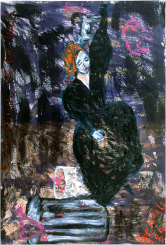 Jenny Watson A Lady Down on Her Luck, 1984; oil, ink, dulux, horsehair on duck; 170 x 112 cm; enquire