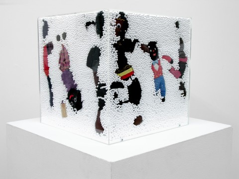 Destiny Deacon and Virginia Fraser Snow storm, 2005; golliwogs, polystyrene and perspex cube; 40 x 40 x 40 cm; enquire