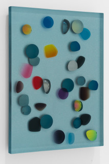 Jim Lambie December 1972, Kaleidoscopic Pearlescent Blue, 2026; resin, sunglasses lens, birch plywood, paint; 60 x 45 x 5 cm; enquire