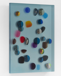 Jim Lambie December 1972, Kaleidoscopic Pearlescent Blue, 2026; resin, sunglasses lens, birch plywood, paint; 60 x 45 x 5 cm; enquire