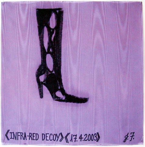 Jacqueline Fraser Infra-red Decoy >, 2003; from the series AN ELEGANT PORTRAIT REFINED IN ELEVEN STUDIOUS PARTS >; oil stick on fabric (framed); 32 x 32 cm; enquire