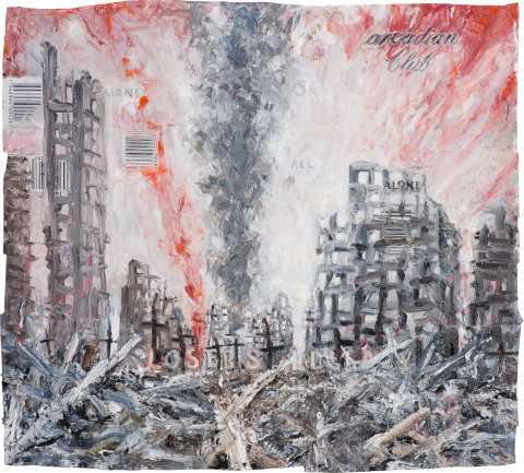 Fiona Hall Counting For Nothing 5, 2024; oil paint on aluminium drink cans; approx. 30.5 x 33.5 cm; enquire