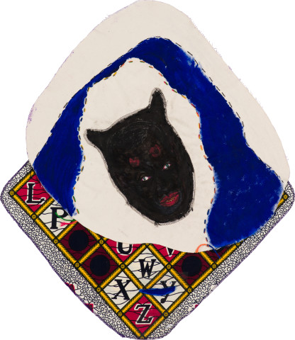 Pierre Mukeba (katika jina la Yesu)/all that is evil shall fall/scattered), 2022; Kikwembe, calico, oil paint, ink, brush pen, acrylic paint, pastel, fabric on unprimed canvas; 87 x 76 cm; more info; enquire