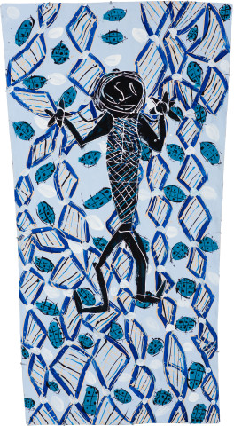 Dhambit Munuŋgurr Self Portrait in Bush Sauna, 2022; 2115-22; earth pigments and acrylic on bark; 195 x 104 cm; more info; enquire