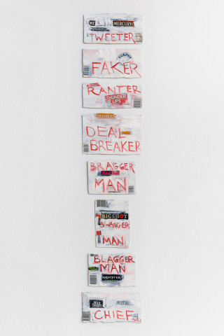 Fiona Hall TRiUMPhant man, 2020; oil paint on aluminium drink cans; 107 x 21 cm; enquire