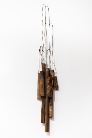 Lorraine Connelly-Northey Narrbong-galang, 2019; CONNL - 0037; burnt tin, wire; 260 x 45 x 14 cm; enquire