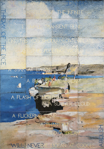 Imants Tillers The Blue Pacific, 2016; acrylic, gouache on 32 canvas boards, no. 98666 - 98697; 200 x 141.5 cm; Enquire