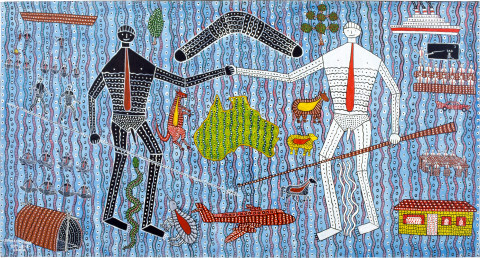 Robert Campbell Jnr Let's Be Friends (Learning Each Others Culture), 1988; acrylic on canvas; 122 x 227 cm; enquire