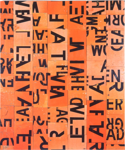 Rosalie Gascoigne Hung Fire, 1995; retro-reflective roadsign on wood; 209 x 176 cm; enquire