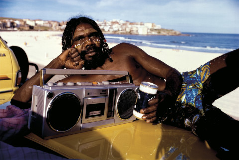 Tracey Moffatt The Movie Star: David Gulpillil on Bondi Beach, 1985; Ilfochrome colour photograph; 48 x 72 cm; Edition of 20; enquire