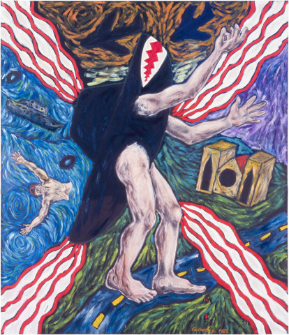 Gary Carsley In the sacristy above the clouds of incense, 1985; oil and spray paint on linen; 229 x 198 cm; enquire