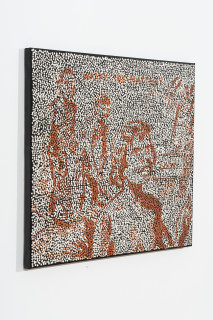 Daniel Boyd Untitled (IHSTTSOL), 2025; oil, acrylic and archival glue on paper mounted to canvas; 76.5 x 92 cm; enquire