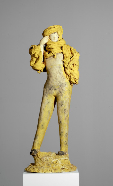 Linda Marrinon Woman in high-waisted pants, 2007, tinted plaster, paint, 73 × 25 × 17cm