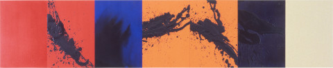 Lindy Lee Beyond the Six Paths of Freedom, 1997; acrylic on board; 41 x 199.5 cm; 7 panels; enquire