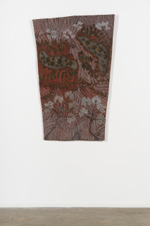 installation view; Yalmakany Marawili Curlew at night, 2025; 2223-25; earth pigments on stringybark; 140 x 91 cm; enquire