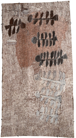 Nyapanyapa Yunupiŋu Untitled, 2015; 4790T; natural earth pigments on bark; 103 x 55 cm; enquire