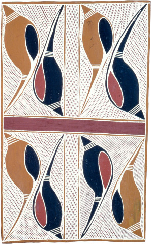 Jimmy Wululu Djungaliwarr, 1989; natural ochre pigments on Stringybark; 77 x 47 cm; enquire