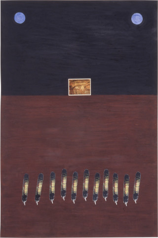 Fiona Foley Make Me Slack Balance, 1990; pastel, pencil, ink and collage on paper; 152 x 102 cm; enquire