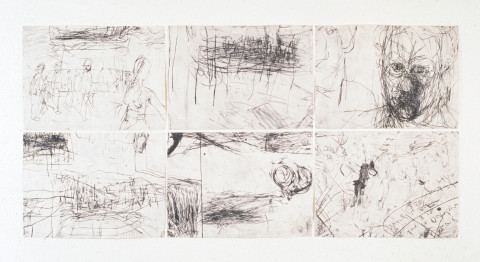 Mike Parr Eye to Eye ( The “Rembrandt” Self Portrait), 1989; 6 drypoints on 350gsm Hahnemule rag paper; enquire