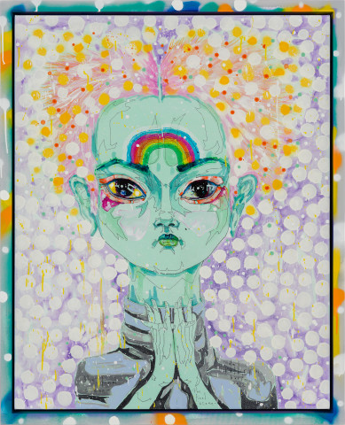 Del Kathryn Barton the final scene, 2022; acrylic and archival spray paint on linen, hand finished frame; 109.5 x 88.5 cm; more info; enquire