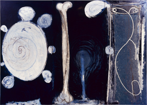 John Firth-Smith Ritual, 1993; oil on linen; three canvases 305 x 152 cm, 305 x 152 cm and 305 x 122 cm, total 305 x 427; enquire