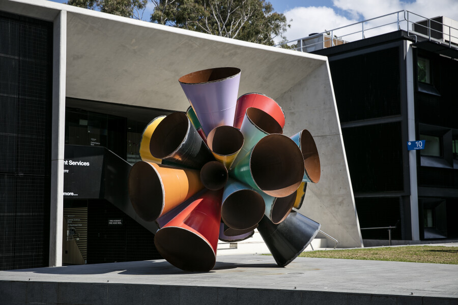 Installation view, James Angus Built Unbuilt Unbuildable; COR-TEN steel and polyester epoxy paint; Monash University Public Art Commission, 2015; Monash University Collection, 13 Rainforest Walk, Clayton campus