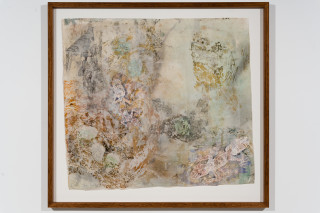 John Wolseley Cryptic mimicry of the Moritz's leaf-tailed gecko, 2024; watercolour, graphite, frottage and woodblock prints on Gampi and Arches paper; 77 x 86 cm; 94 x 101 cm (framed); enquire