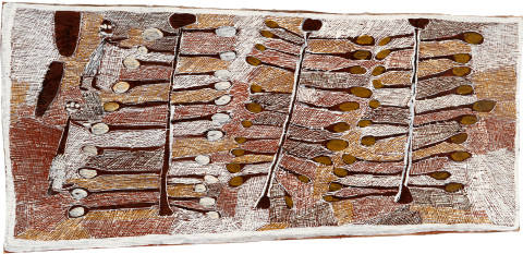 Nyapanyapa Yunupiŋu Collecting Wild Apples, 2008; natural earth pigments on bark; 150 x 63 cm; enquire