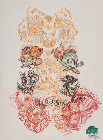 Wim Delvoye Untitled (tattoo drawing #2), 2007; pencil and coloured pencil on paper; 50.5 x 37.5 cm; enquire
