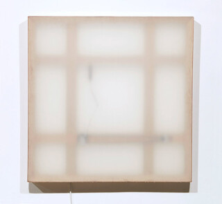 Marley Dawson Mechanical painting ii, 2009; timber, mechanics, polyester resin on polyester fabric, electronics, mild steel; 105 x 105 x 6.5 cm; enquire