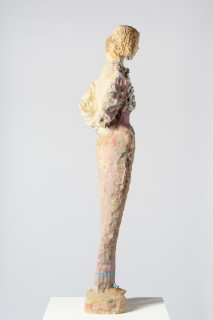Linda Marrinon Woman with pink cummerbund, 2025; painted plaster and muslin; 118 x 30 x 18 cm; enquire