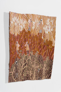 Yalmakany Marawili Miyalk Collecting Bush Ŋatha, 2026; 2316-26; earth pigments on stringybark; 85 x 97 cm; enquire