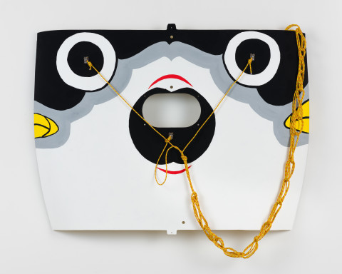 Claire Healy and Sean Cordeiro Fugu, 2020; Kiowa helicopter cabin shell assembly, acrylic gouache, polyester line; 90 x 120 x 8 cm; more info; enquire