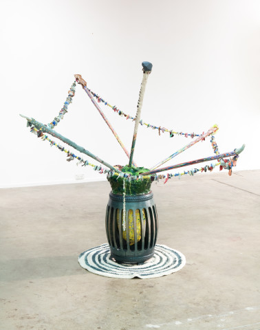 Rohan Wealleans Scare Transfer, Storage Unit 7000, 2010; house paint, wood, ceramic, rug, polystyrene, string; enquire