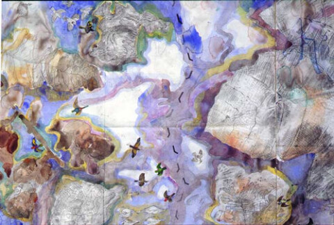 John Wolseley The territories of birds remembering Gondwana and Laurasia (detail), 2001; watercolour on paper; 76 x 263 cm; enquire