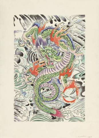 Wim Delvoye Untitled (tattoo drawing #8), 2007; pencil and coloured pencil on paper; 71.8 x 51.4 cm; enquire