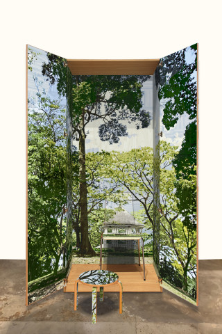 Gary Carsley D.120 Botanical Gardens Singapore, 2019-20; C-type print, dibond with split battens, IKEA cupboard, chair and stool; overall dimensions as assembled: 236.4 x 60 x 100 cm; more info; enquire