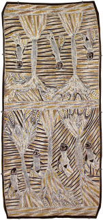 Mulkun Wirrpanda Yolu_ga Gålurra, 2015; 4774I; Bark painting; 108 x 48 cm; enquire
