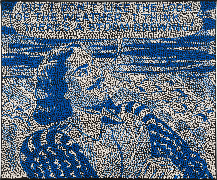 Daniel Boyd Untitled (WILULTILS), 2025; oil, acrylic and archival glue on paper mounted to canvas; 76.5 x 92 cm; enquire