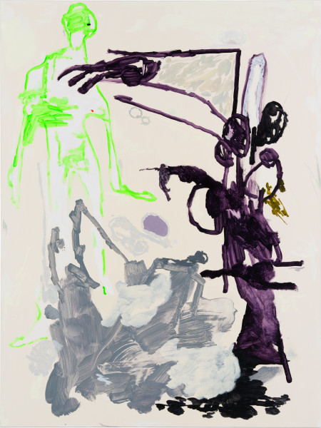 Tom Polo soft surrender in purple and green, 2026; acrylic on polycotton; 182 x 138 cm; enquire