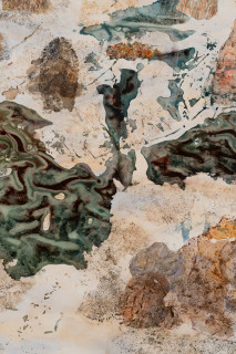 John Wolseley Walk across geological strata - Proterozoic to late Silurian: each step a million years I (detail), 2025-26; watercolour, nature prints, and frottage on paper; 140 x 201 cm; enquire