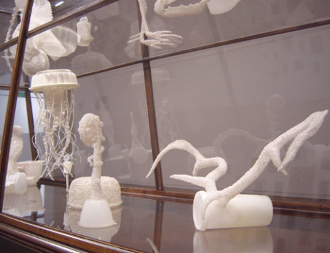 Fiona Hall Cell Culture (detail), 2002; glass, metal, pvc, beads in vitrine; 158.1 x 250.2 x 90.2 cm; dimensions variable; enquire