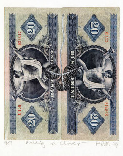 Fiona Hall Rolling in Clover - 4/51, 2004; Gouache on banknotes; 16.5 x 14.2cm (note) 38 x 35.5cm (frame); enquire