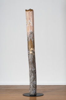 Yalmakany Marawili Meditjin, 2025; 7970-25; earth pigments on stringybark hollow pole; 240 x 20 x 20 cm; enquire